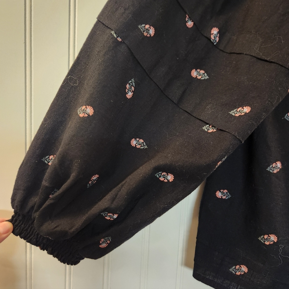 Old Navy Women Black Floral Print Peasant Tunic Top Size L Whimsygoth Boho Flowy - Picture 6 of 13